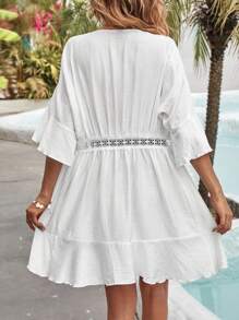 SHEIN VCAY Contrast Lace Tie Front Kimono Without Bikini - White - View 2