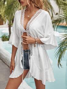 SHEIN VCAY Contrast Lace Tie Front Kimono Without Bikini - White - View 3