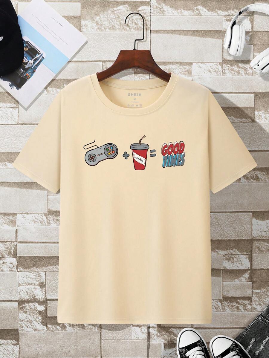 男士字母圖案T恤 - 杏色 - 查看 1