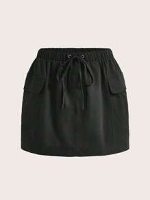 SHEIN EZwear Solid Drawstring Waist Cargo Skirt - Black - View 1