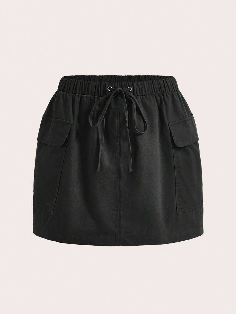 SHEIN EZwear Solid Drawstring Waist Cargo Skirt - Black - View 1