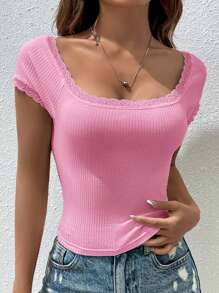 SHEIN EZwear Camiseta ribete con encaje de cuello cuadrado - Rosa - Ver 1