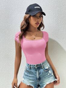 SHEIN EZwear Camiseta ribete con encaje de cuello cuadrado - Rosa - Ver 2