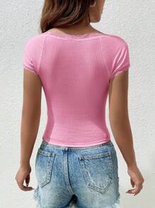 SHEIN EZwear Camiseta ribete con encaje de cuello cuadrado - Rosa - Ver 4