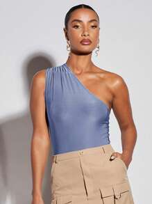 SHEIN BAE One Shoulder Solid Bodysuit - Dusty Blue - View 3