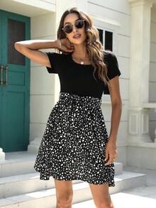 斑點印花繫腰帶洋裝 - 黑與白 - 查看 3