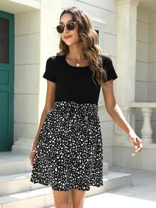 斑點印花繫腰帶洋裝 - 黑與白 - 查看 5