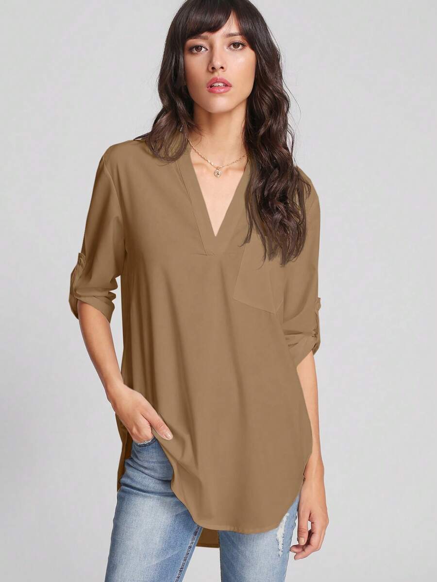 SHEIN LUNE Solid Pocket Patched Curved Hem Blouse - Khaki - View 1