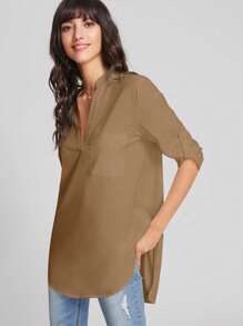 SHEIN LUNE Solid Pocket Patched Curved Hem Blouse - Khaki - View 3