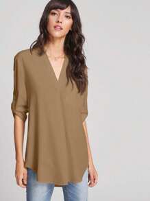 SHEIN LUNE Solid Pocket Patched Curved Hem Blouse - Khaki - View 4