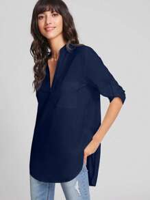 EMERY ROSE Solid Pocket Patched Curved Hem Blouse