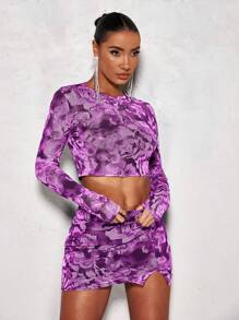 SHEIN BAE Allover Print Crop Mesh Top & Split Hem Bodycon Skirt - Purple - View 1