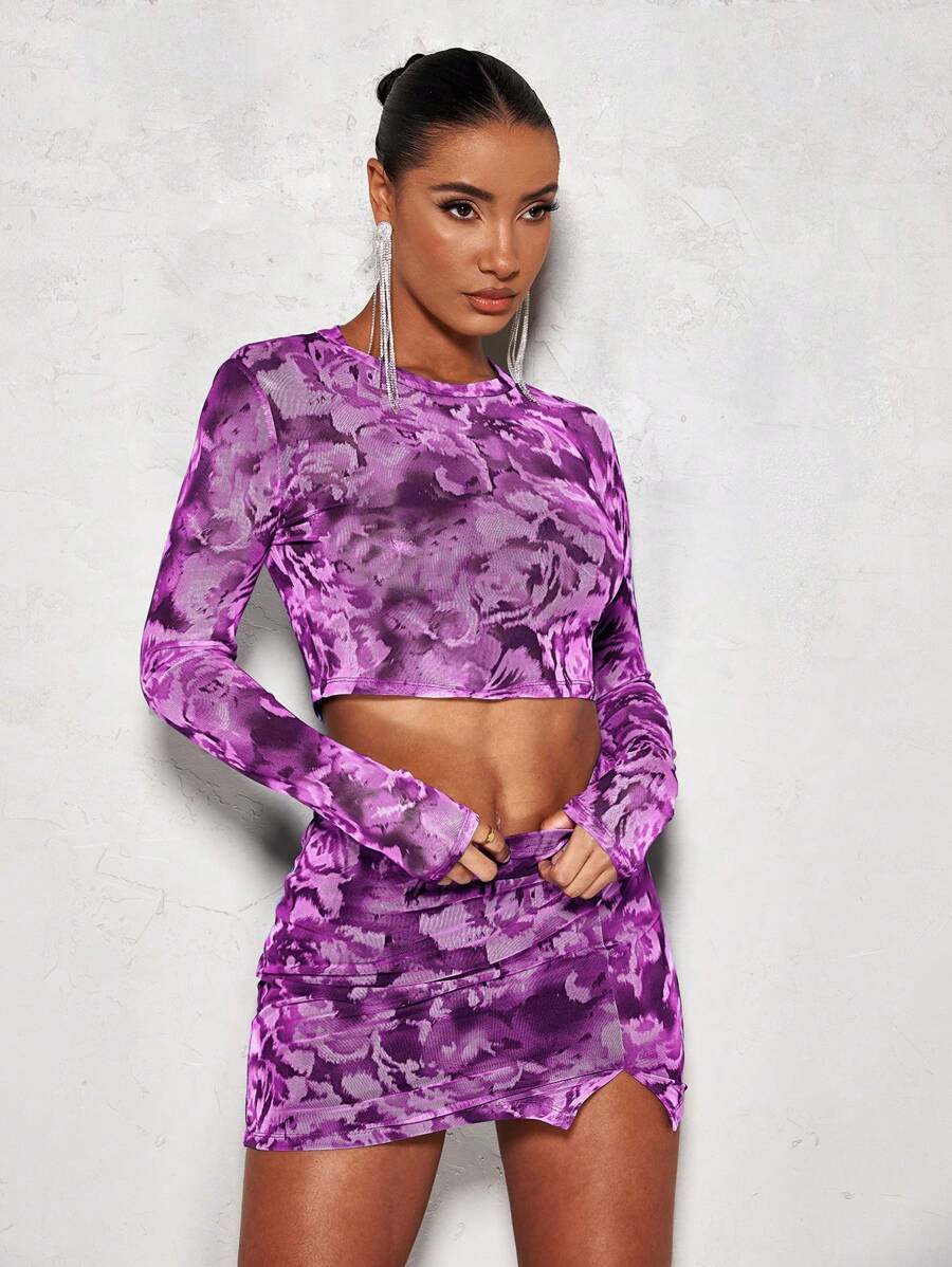 SHEIN BAE Allover Print Crop Mesh Top & Split Hem Bodycon Skirt - Purple - View 1