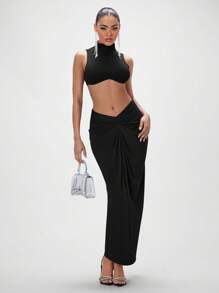SHEIN BAE Solid Crop Tank Top & Twist Front Skirt - Black - View 1