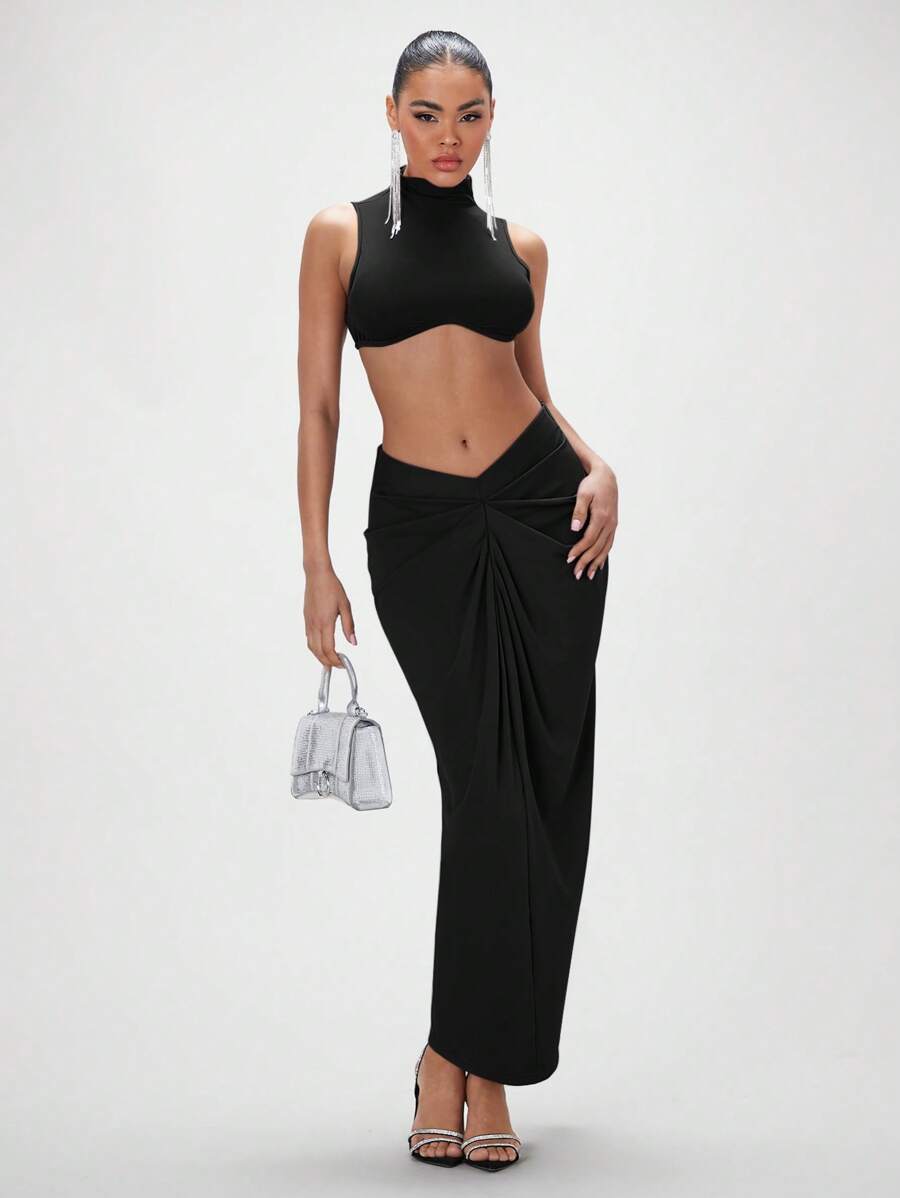 SHEIN BAE Solid Crop Tank Top & Twist Front Skirt - Black - View 1