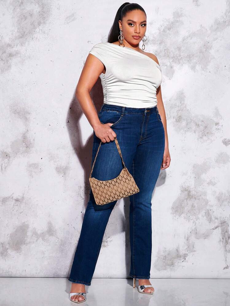 SHEIN BAE Plus Asymmetrical Neck Ruched Side Solid Tee - White - View 7
