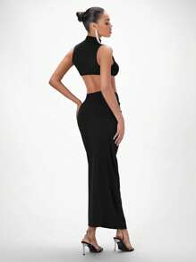 SHEIN BAE Solid Crop Tank Top & Twist Front Skirt - Black - View 2
