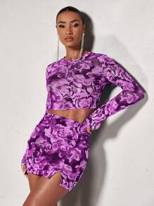 SHEIN BAE Allover Print Crop Mesh Top & Split Hem Bodycon Skirt - Purple - View 3