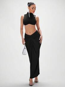 SHEIN BAE Solid Crop Tank Top & Twist Front Skirt - Black - View 4