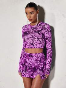 SHEIN BAE Allover Print Crop Mesh Top & Split Hem Bodycon Skirt - Purple - View 5