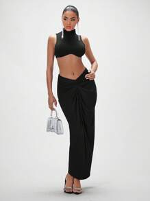 SHEIN BAE Solid Crop Tank Top & Twist Front Skirt - Black - View 5