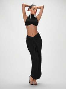 SHEIN BAE Solid Crop Tank Top & Twist Front Skirt - Black - View 6