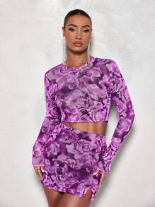 SHEIN BAE Allover Print Crop Mesh Top & Split Hem Bodycon Skirt - Purple - View 6
