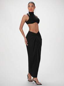 SHEIN BAE Solid Crop Tank Top & Twist Front Skirt - Black - View 7