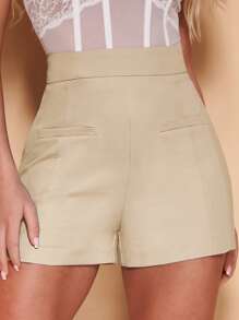 SHEIN BAE 高腰直筒短褲 - 杏色 - 查看 1