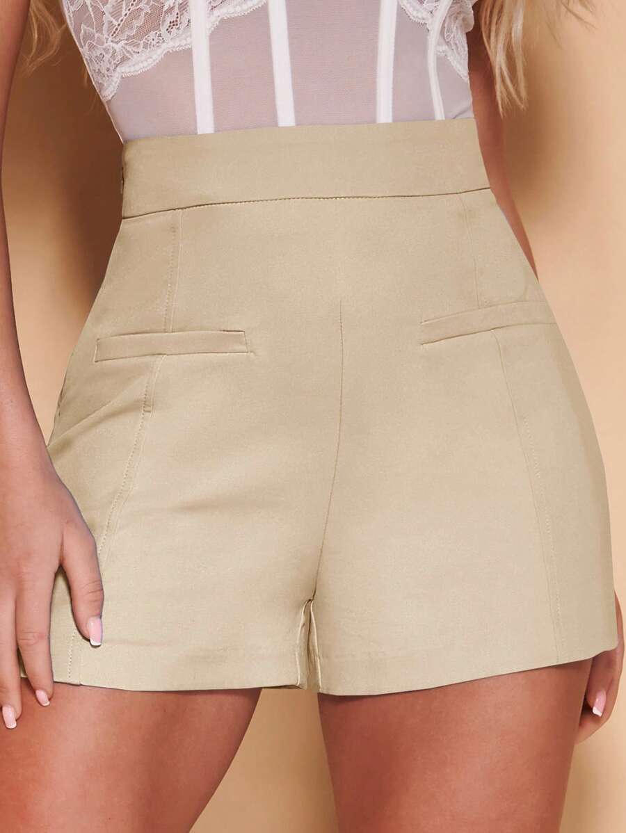 SHEIN BAE 高腰直筒短褲 - 杏色 - 查看 1