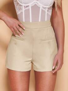 SHEIN BAE 高腰直筒短褲 - 杏色 - 查看 5