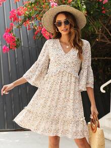 碎花荷葉袖荷葉邊洋裝 - 彩色 - 查看 4