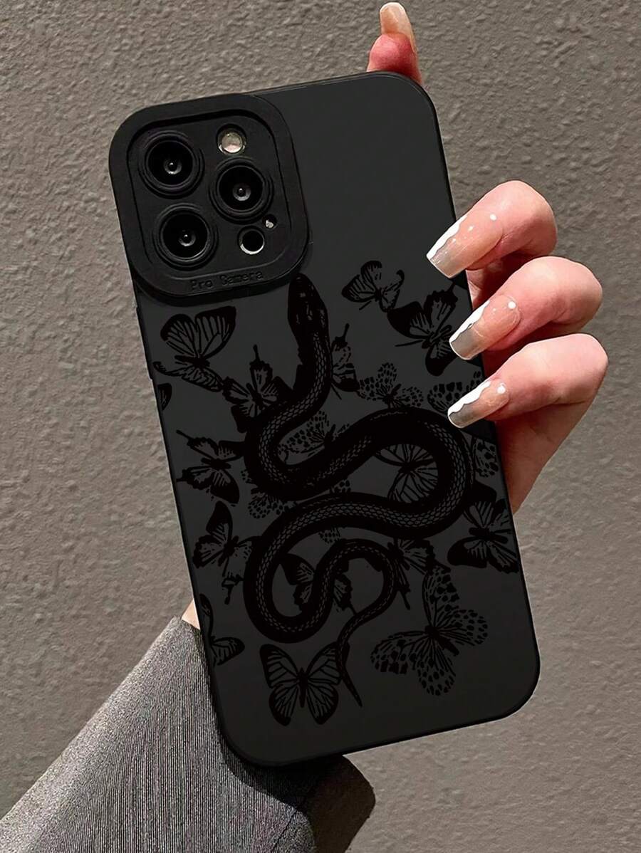 Snake & Butterfly Print Phone Case Goth Phone Case Compatible With iPhone 15/15Pro/15Plus/15Promax - Multicolor - View 1