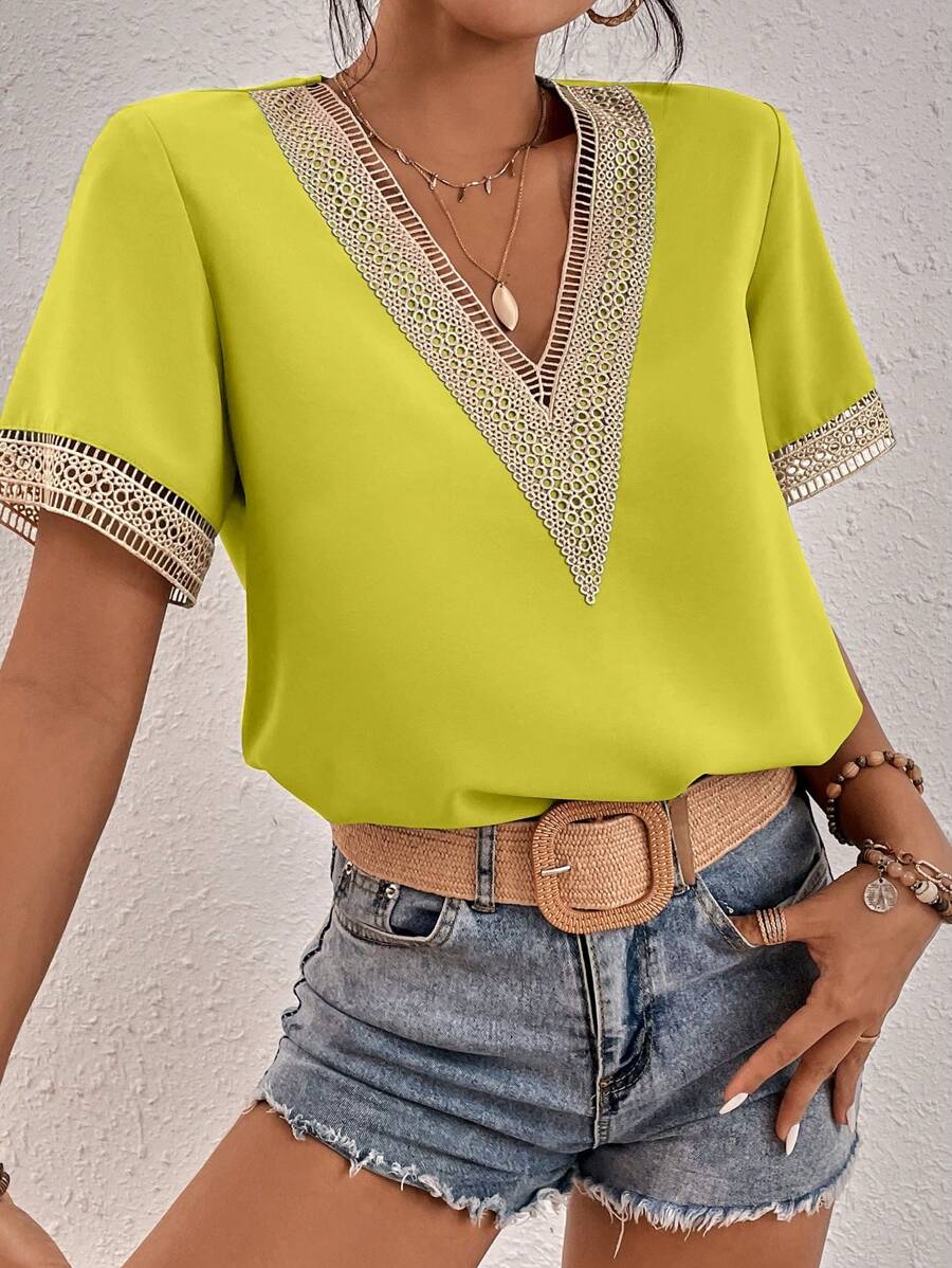 SHEIN LUNE Contrast Guipure Lace V Neck Blouse - Lime Green - View 1