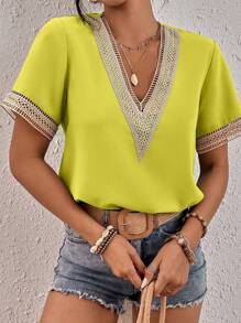 SHEIN LUNE Contrast Guipure Lace V Neck Blouse - Lime Green - View 3
