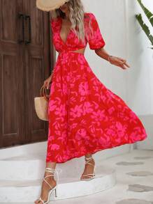 Breezaya Đầm Lộ Lưng Cắt ra Buộc lại Hoa Tất cả trên in Boho - Màu Hồng Tươi - Xem 4