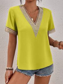 SHEIN LUNE Contrast Guipure Lace V Neck Blouse - Lime Green - View 5