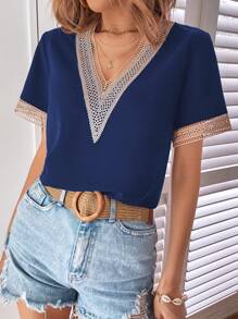 SHEIN LUNE Blusa panel con encaje - Azul Marino - Ver 3