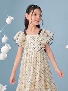 SHEIN 女孩1入組波卡圓點荷葉邊連衣裙 - 杏色 - 查看 6