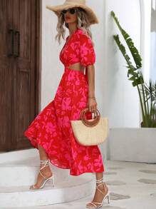 Breezaya Đầm Lộ Lưng Cắt ra Buộc lại Hoa Tất cả trên in Boho - Màu Hồng Tươi - Xem 5