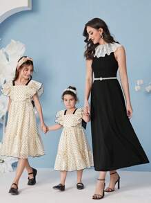 SHEIN 女孩1入組波卡圓點荷葉邊連衣裙 - 杏色 - 查看 8