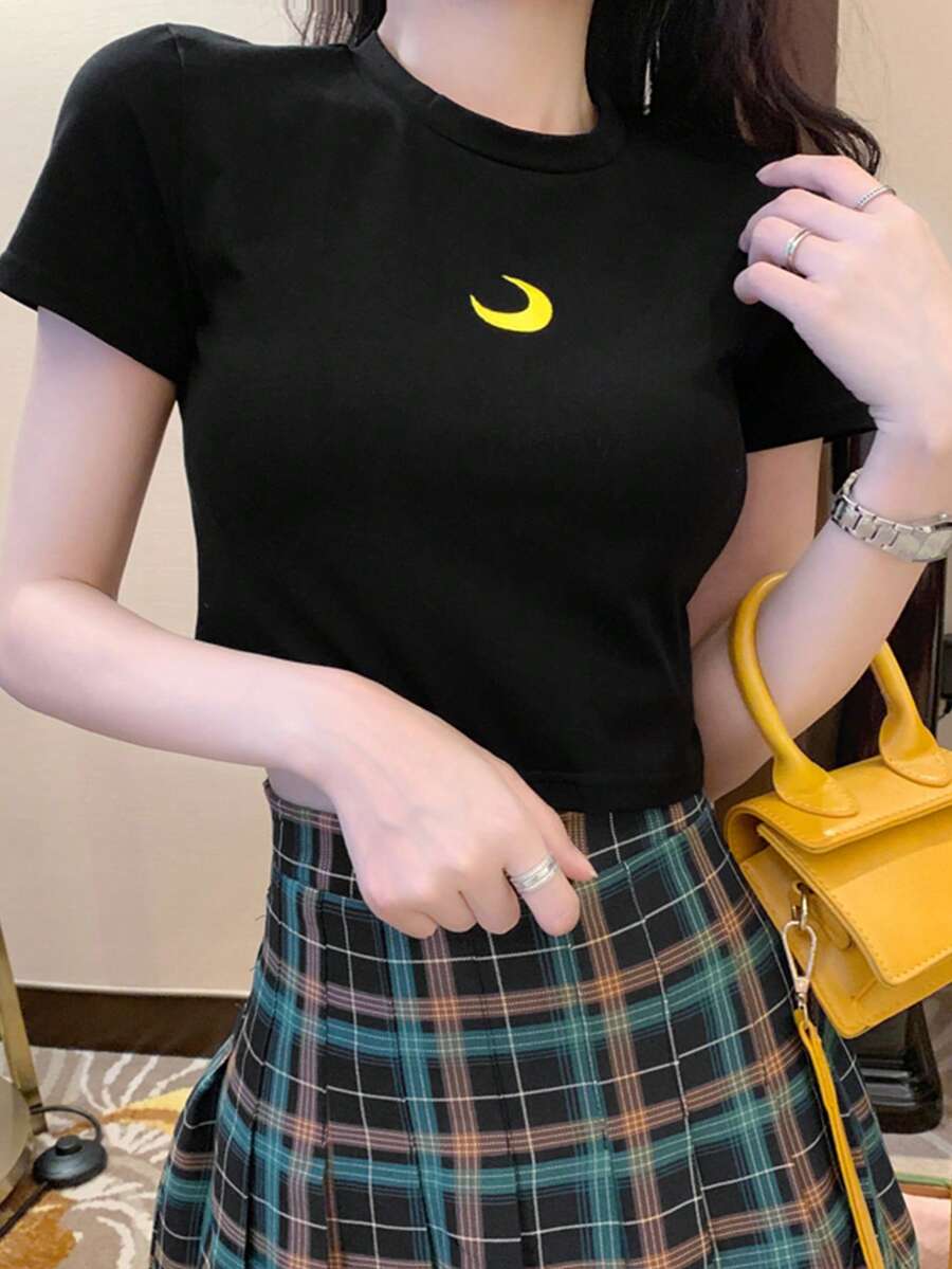 Moon Embroidery Crop Tee - Black - View 1