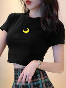 Moon Embroidery Crop Tee - Black - View 4