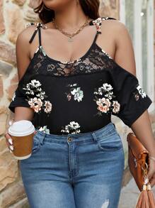 SHEIN Clasi 大碼印花蕾絲拼接挖肩T恤 - 黑色 - 查看 5