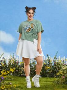 TOM & JERRY X SHEIN Áo thun Plus size Bất đối xứng Dây kéo Xù Hoạt hình Giải trí - Màu xanh Bạc hà - Xem 4