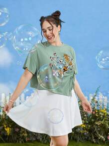 TOM & JERRY X SHEIN Áo thun Plus size Bất đối xứng Dây kéo Xù Hoạt hình Giải trí - Màu xanh Bạc hà - Xem 7