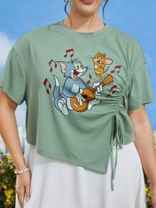 TOM & JERRY X SHEIN Áo thun Plus size Bất đối xứng Dây kéo Xù Hoạt hình Giải trí - Màu xanh Bạc hà - Xem 1