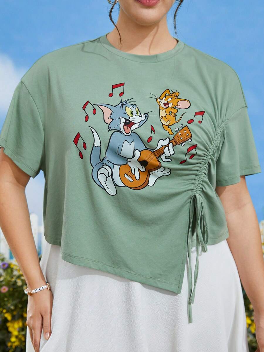 TOM & JERRY X SHEIN Áo thun Plus size Bất đối xứng Dây kéo Xù Hoạt hình Giải trí - Màu xanh Bạc hà - Xem 1