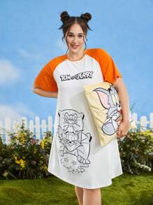 TOM & JERRY X SHEIN Plus Cartoon & Letter Graphic Raglan Sleeve Nightdress - Multicolor - View 1