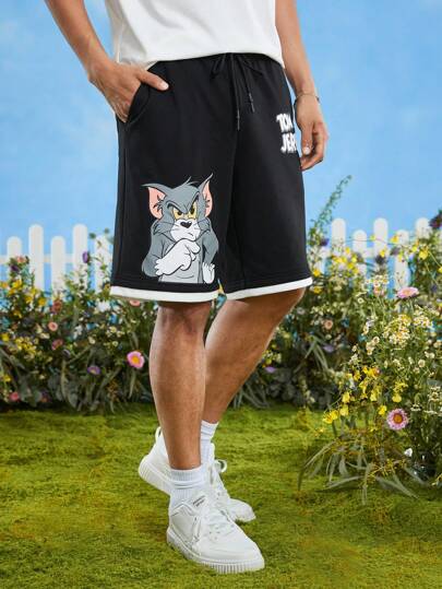 TOM & JERRY X SHEIN Men Cotton Cartoon Graphic Drawstring Waist Contrast Trim Shorts